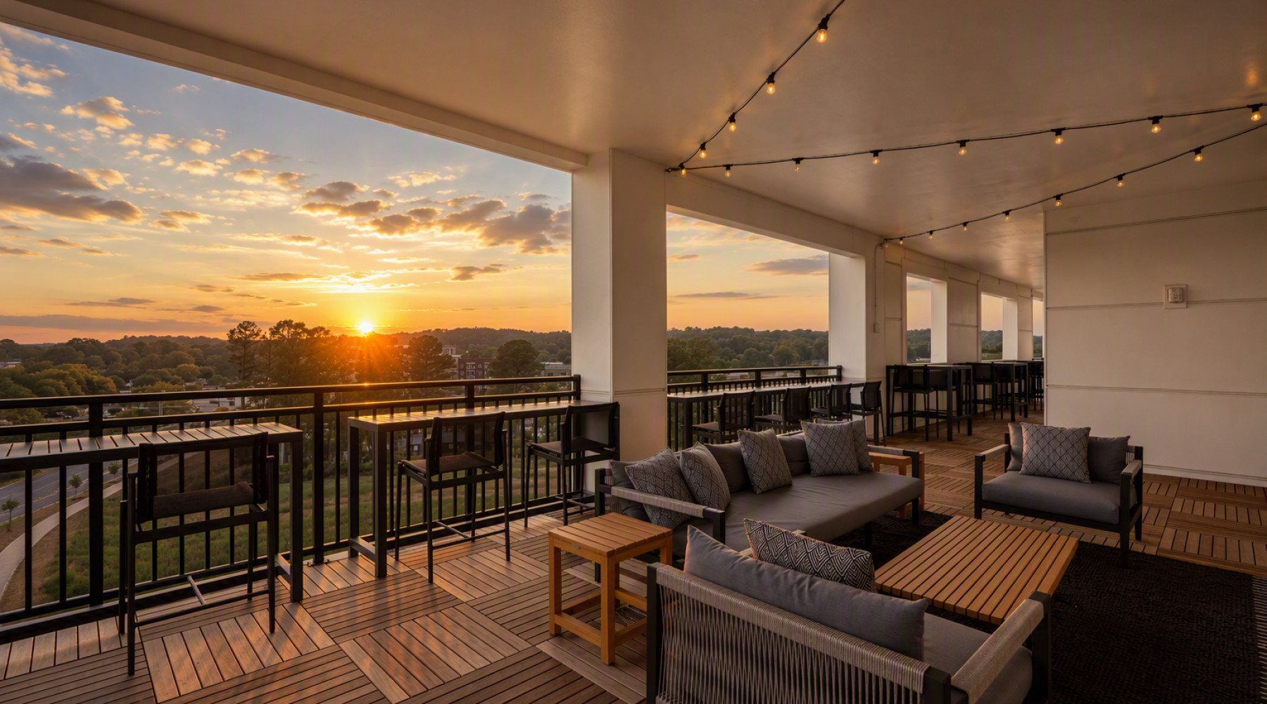 Roof top lounge with sunset at the Hartley at Blue Hill